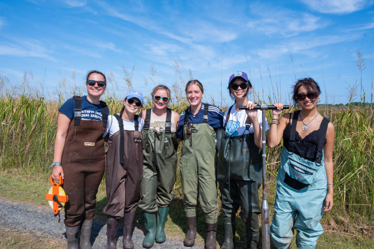 OBXFS Students Six students stand side by side, smiling, with the marsh behind them. They hold various field tools.